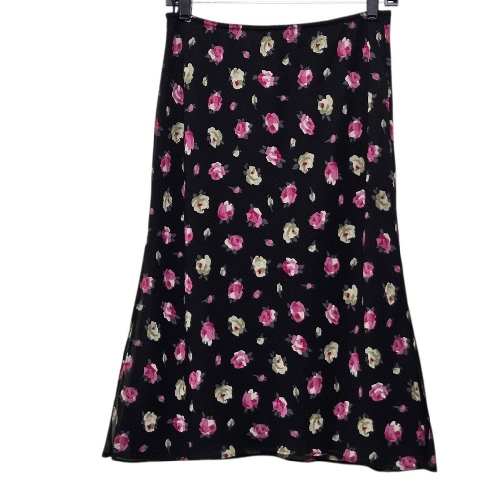 Express‎ Floral Midi Skirt M Black Pink Rose Chiffon 90s Y2K Fairy Whimsigoth